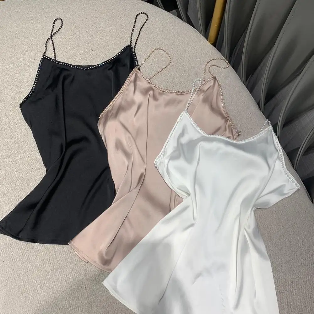

2019 new ladies fashion sexy sleeveless solid color chain drill strap small shirt 0613