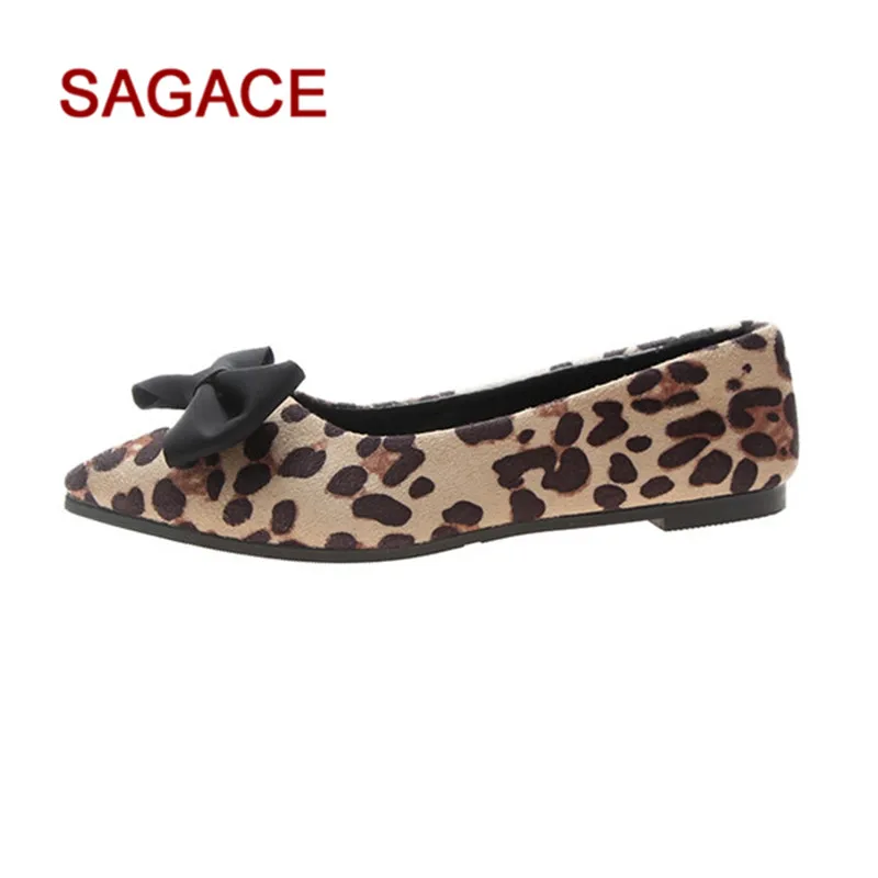 

HB@SAGACE Ladies Loepard Flats Women's Fashion Flock Bowknot Loepard Shallow Single Flat Pointed Toe Shoes Sapatos femininos