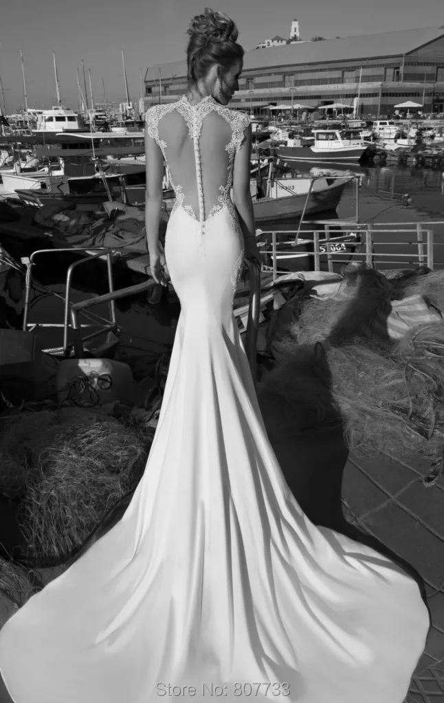 W203 Fantastic Lace Cap Sleeve Bare Back Sexy Mermaid Wedding