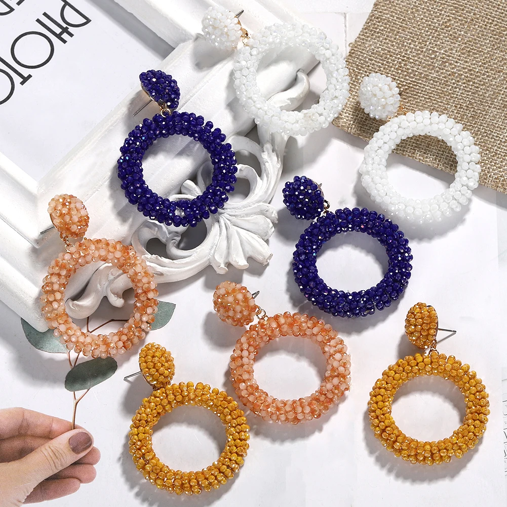 

Girlgo Rhinestone Beads Round Drop Dangle Earrings Bijoux for Women Bohemia Vintage Circle Statement Earrings Fashion Jewelry