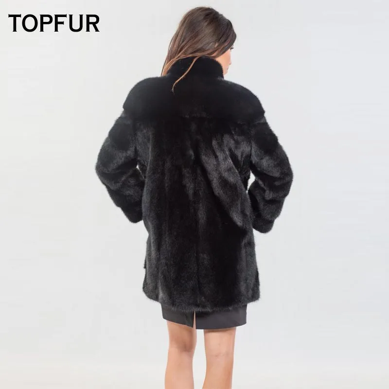 TOPFUR новинка 2019 настоящая норковая шуба женская черная средней длины с лентами