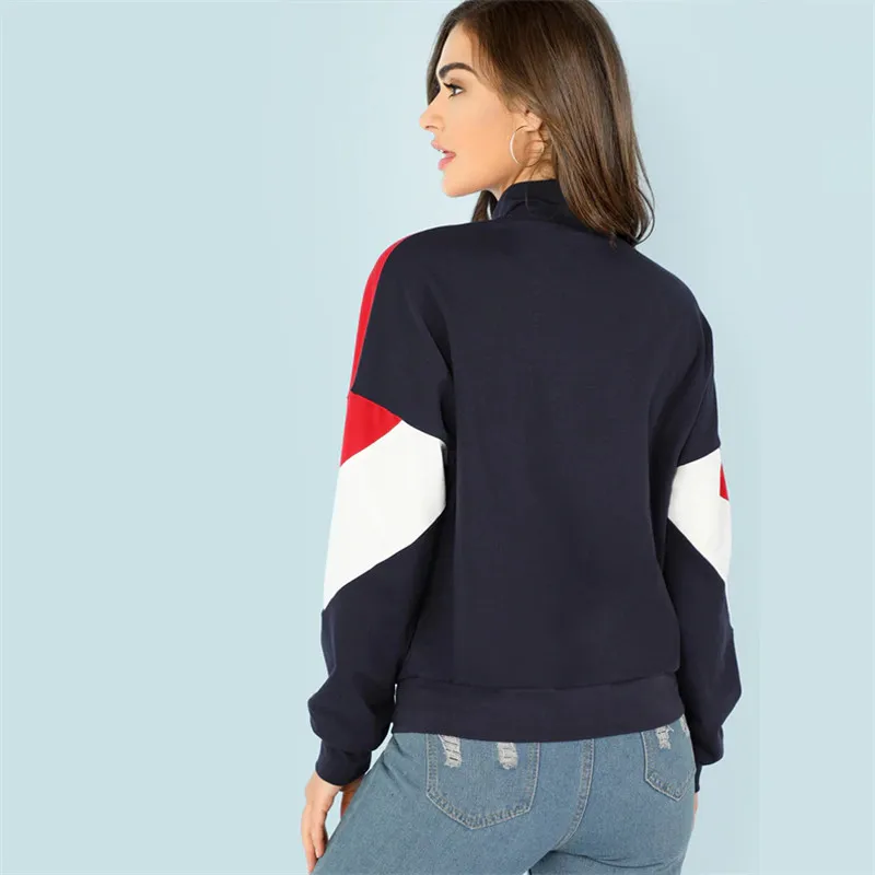  Women Hoodies Multicolor Minimalist O-Ring Zip Front Cut Sew Stand Neck Raglan Sleeve Sweatshirt Au
