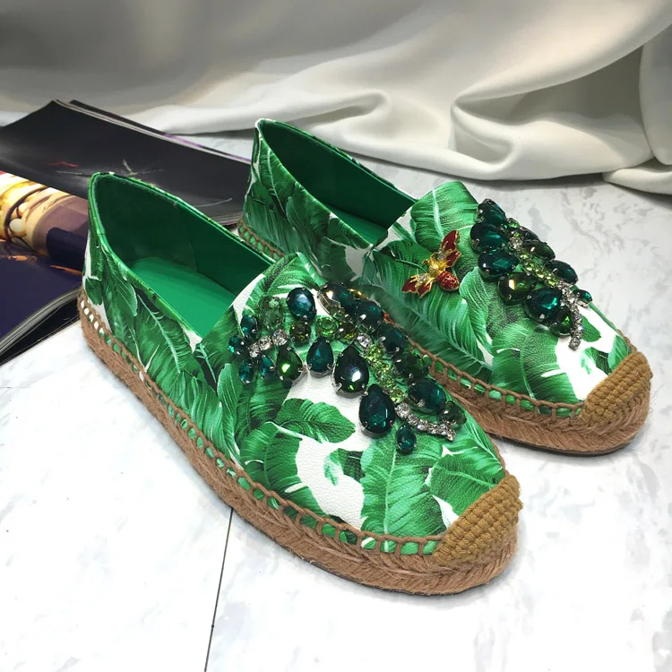 

Chic Spring Summer Shoes Woman Casual Slip On Flats Shallow Round Toe Green Printed Lazy Flats Fisherman Shoes Cozy Woman Flats