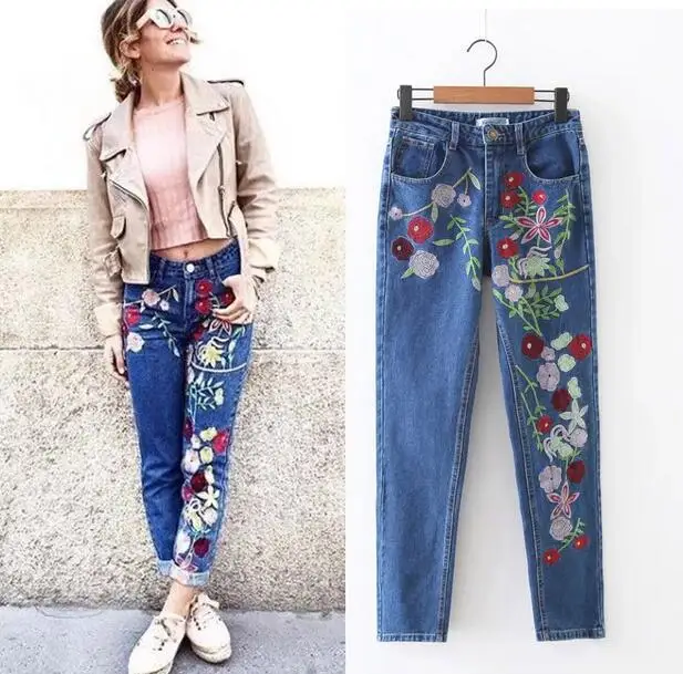 European Street style fashion women jeans female embroidery flowers washed denim pantstrousers T1009