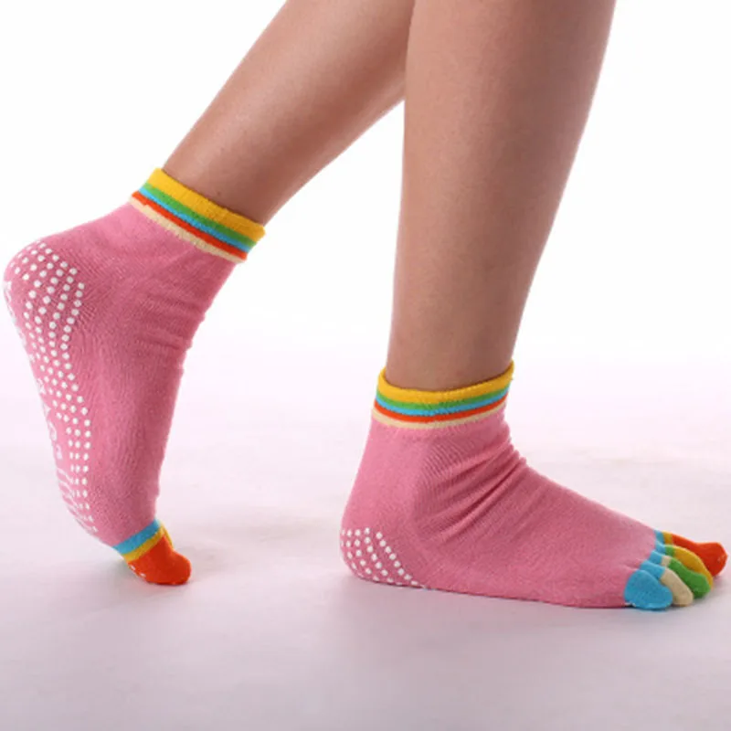Sports Socks Hot Fitness Pilates Cotton Rainbow Workout Anti Slip Toe Breathable Women's | Женская одежда