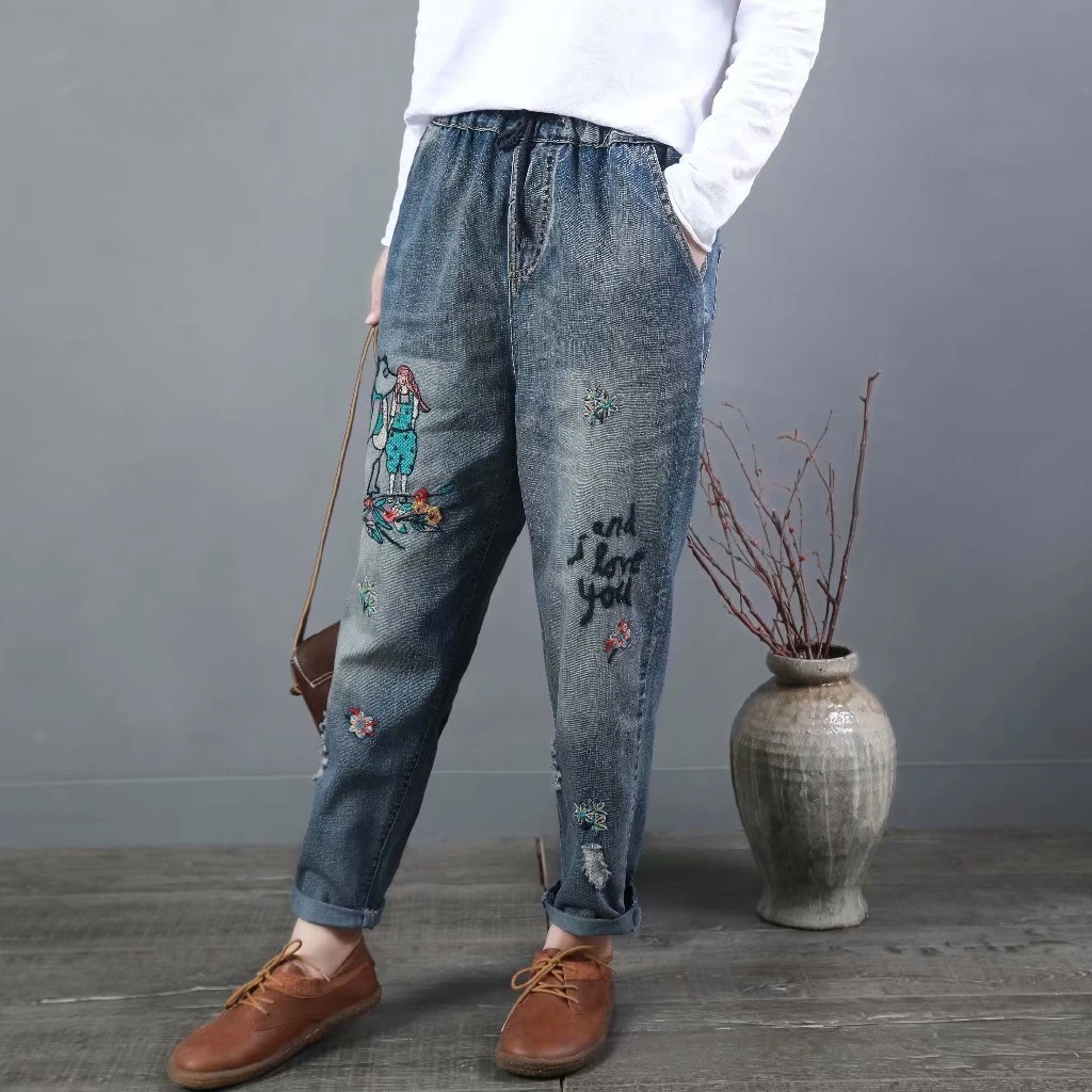 blue jeans Plus Size Women Jeans Embroidery Straight Loose Long Trousers jeans pant