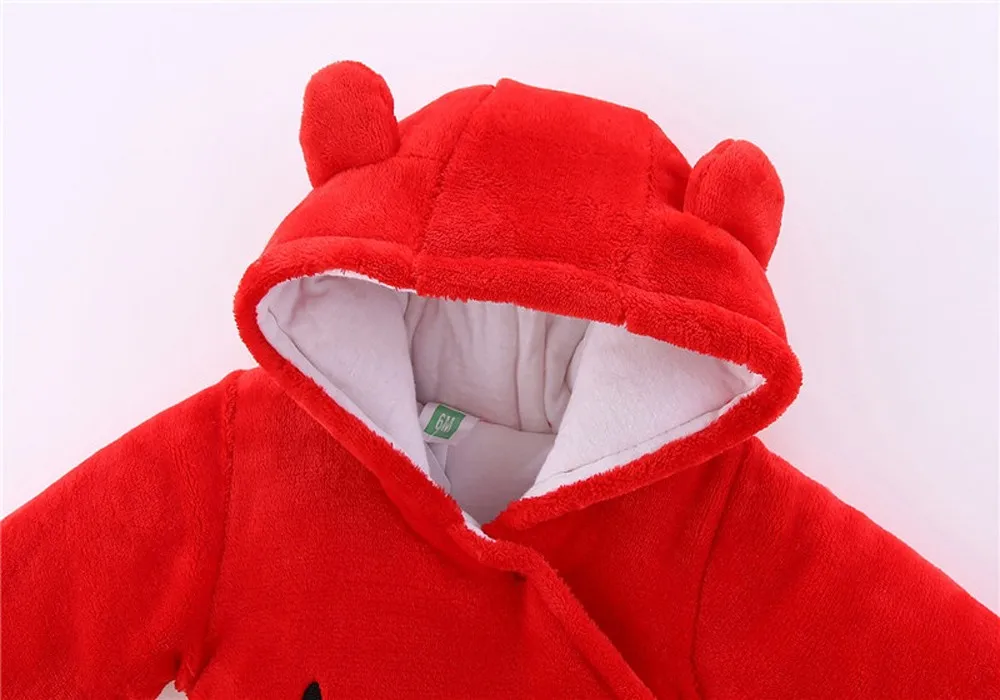 Милый зимний комбинезон для новорожденных девочек и мальчиков, одежда для малышей, однотонный бархатный комбинезон с капюшоном и медведем, комбинезон с капюшоном, одежда