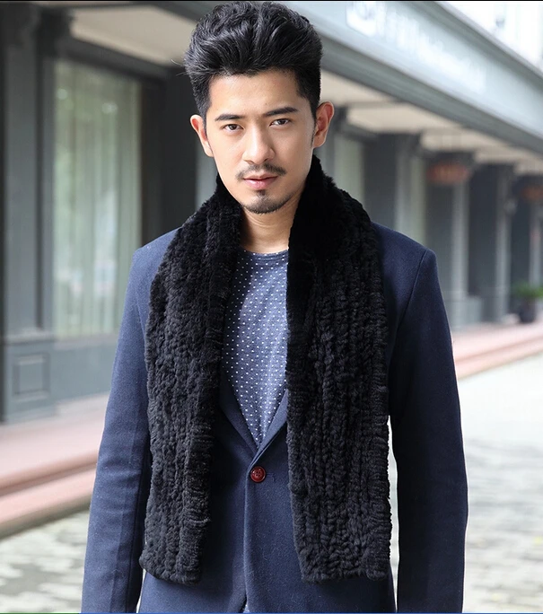 US $29.25 170cm Long Scarf Real Knitted Rex Rabbit Fur Winter Men Fur Scarf Handmade Black Gray Fur