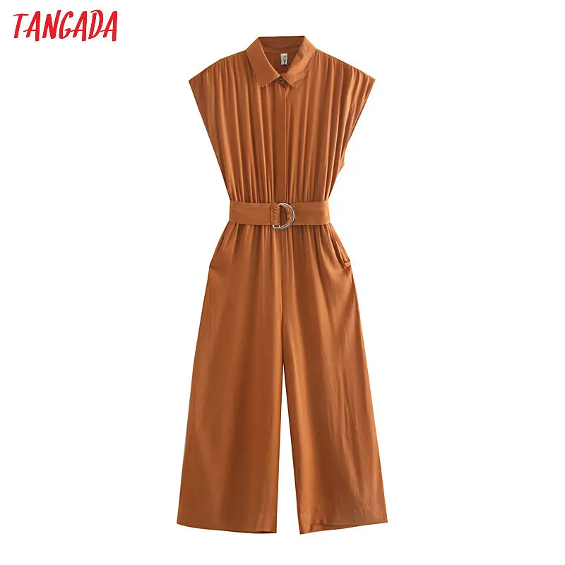 

Tangada women elegant solid jumpsuits sashes pleated pockets chic rompers female office ladies retro jumpsuits 2S38