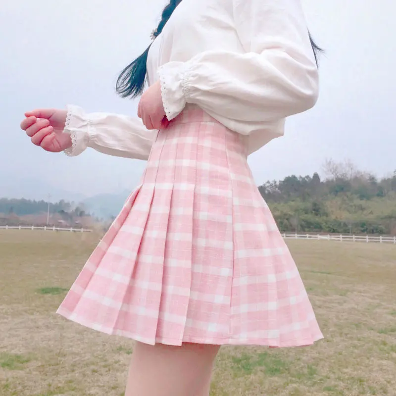 

Harajuku 2019 Women Fashion Summer high waist pleated skirt Wind Cosplay plaid skirt kawaii Female Skirts
