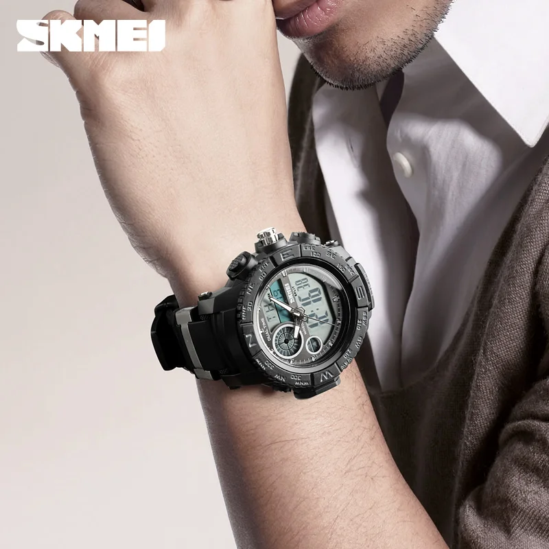 SKMEI Men Quartz Watch Dual Display Digital Man Sport Watches 2 Time Waterproof 12/24 Hour Outdoor Fashion Clock Wristwatch 1332