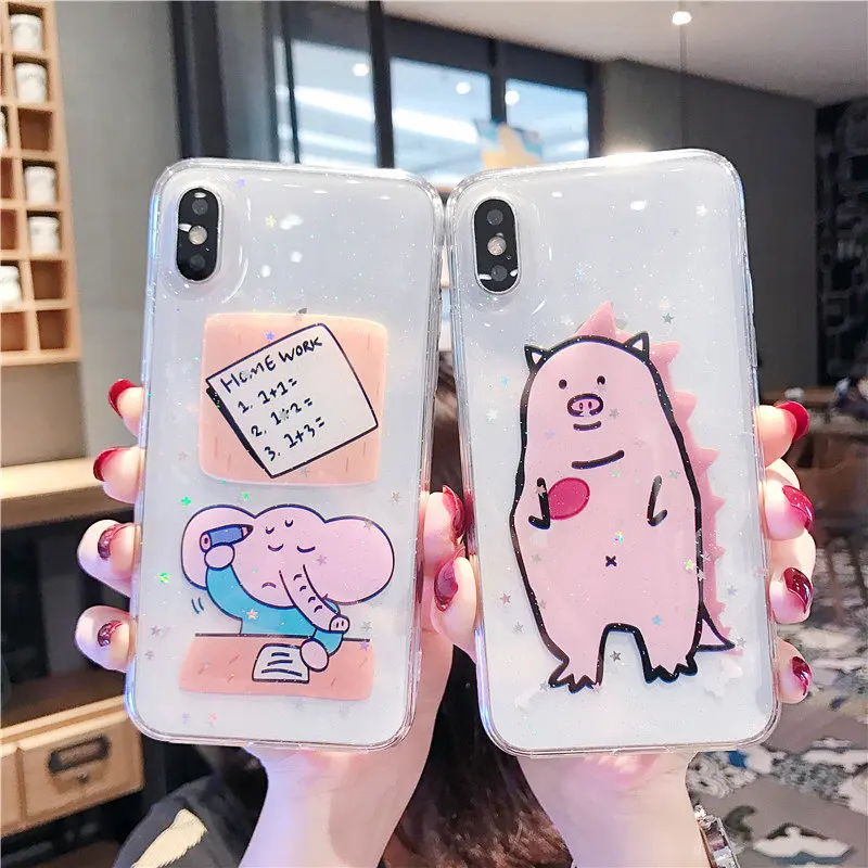 

ORYKSZ Cute Cartoon Elephant Glitter Transparent Phone Case For iPhone X XR XS Max Cover For iphone 8 7 6S Plus Silicone Cases