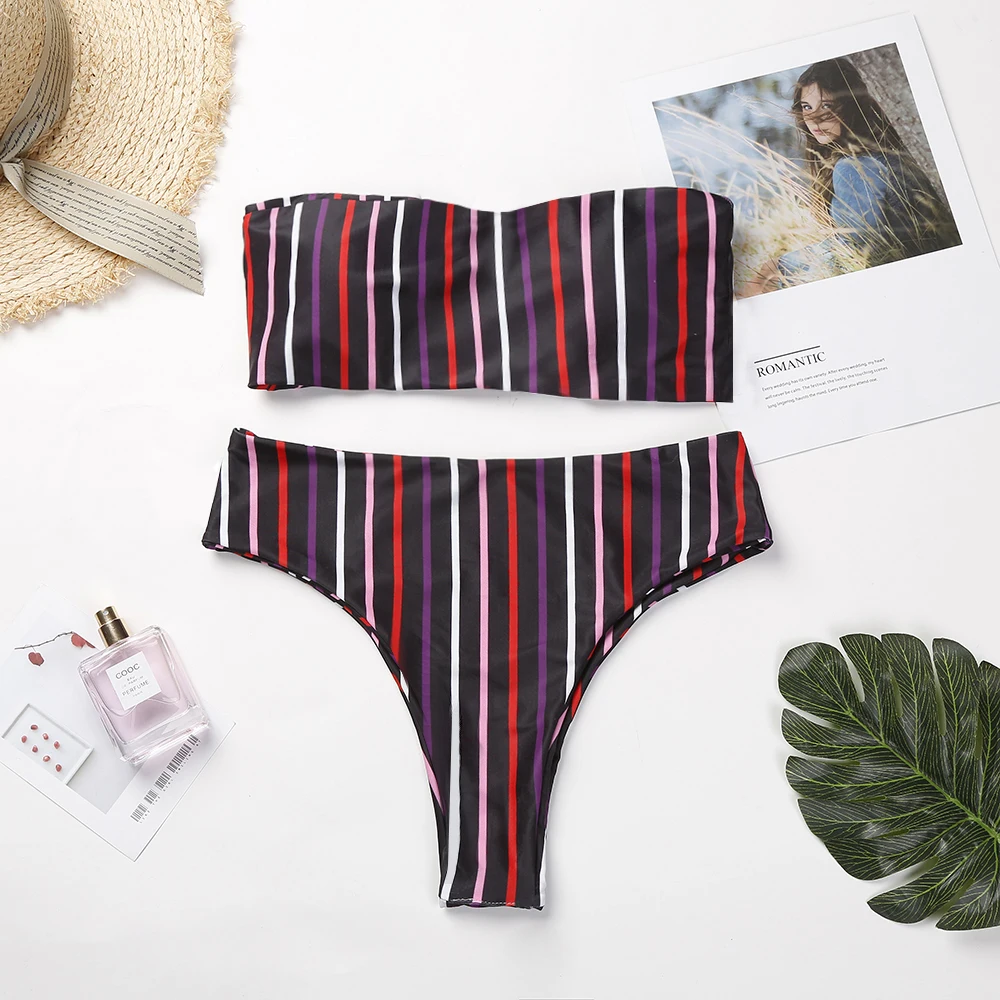 Bandeau Bikini Set Padded Off Shoulder Women Swimsuit Colorful Striped High Waisted Swimwear Sexy Beachwear Bathing Suit Biquini