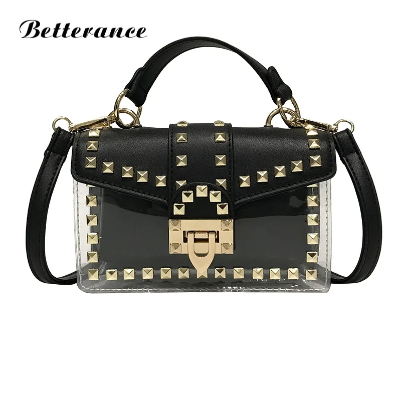 

Betterance New Women Clear Transparent Shoulder Bag Fashion High Quality Solid rivet Phone Holder handBags 2019 Sac A Main Femme