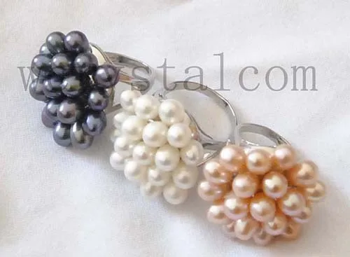 

3 Pcs Genuine Real Cultured Pearls White Black Pink Rings