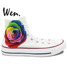 Wen Original Hand Painted Shoes Design Custom Colorful Rose Man Woman’s High Top Canvas Sneakers for Valentine’s Gifts
