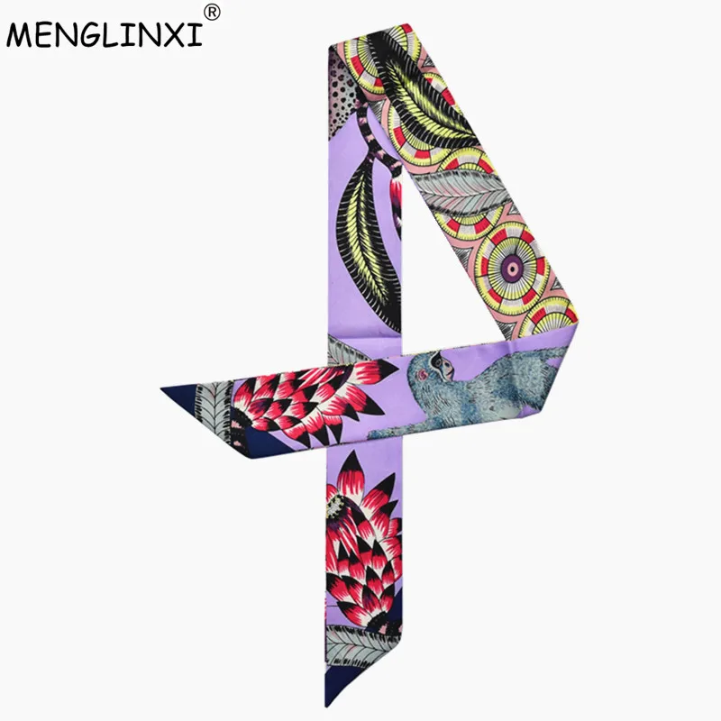 

2023 New Fashion Cute Monkey Feather Print Silk Scarf Women Brand Scarf Bag Ribbons Hot Sale Head Scarf Small Long Scarves