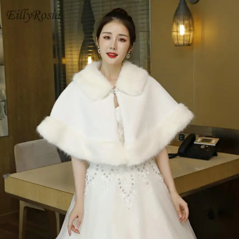 Белый теплый плащ для женщин короткие свадебные обертывания Зима Простой накидки для свадебное платье Вечеринка элегантный искусственный