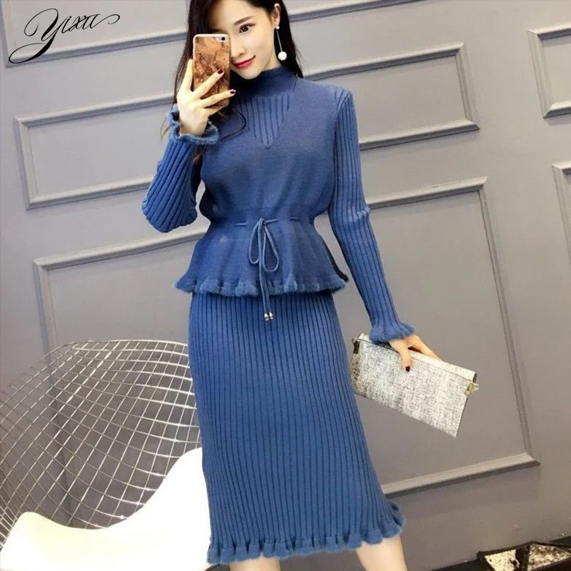 

Winter Woman Think Two-pieces Set Turtle Neck Knitt Pencil Dress + Loose Vest Suits for Woman Casual Female Warm Sets