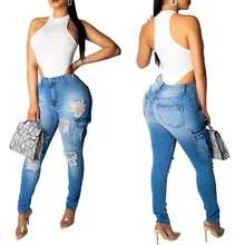 купить! Женская Мода Высокой Талией Джинсы Sexy Slim Pack Бедро Колено Личность Карман Джинсовые Синие Брюки