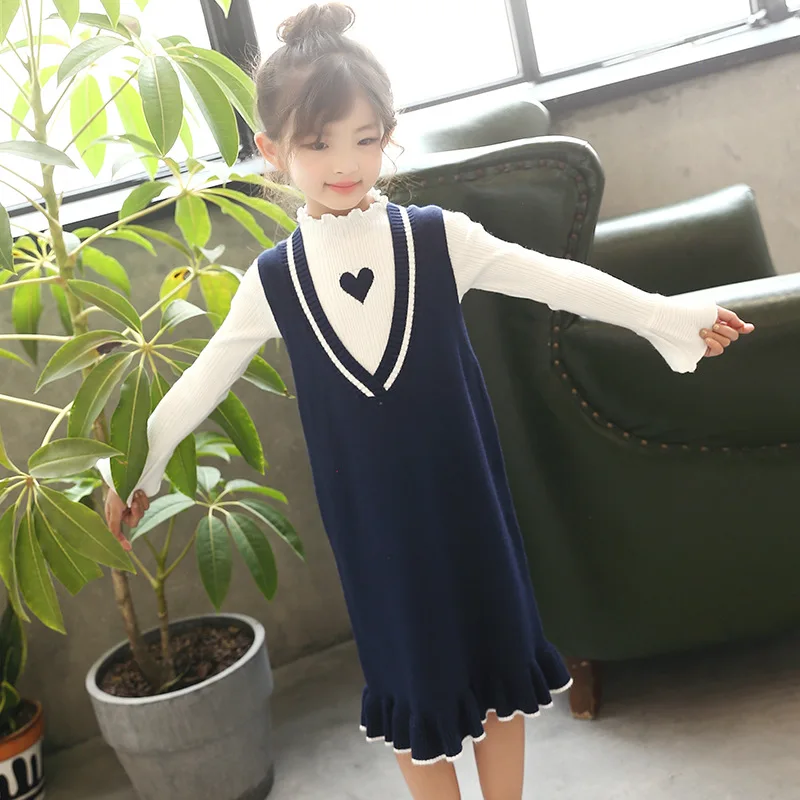  Spring Baby Teenage Kids School Girls Set Clothes Girls Clothing Sets Long Sleeve Sweater Tops+Knit
