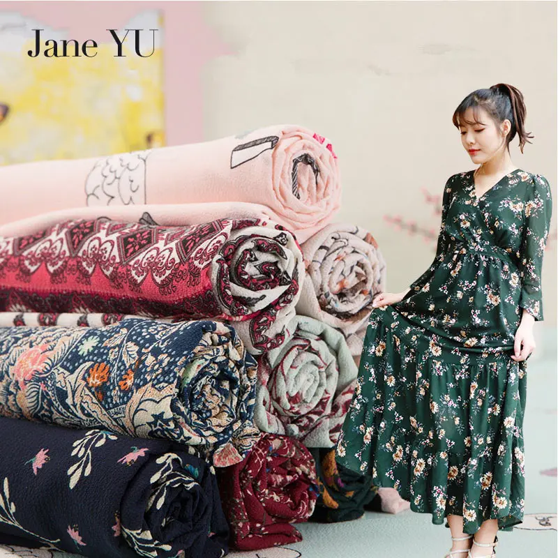

JaneYU 2019 100% Chiffon Fabric summer flowers natural chiffon print fabric for dress bright cloth tissu au meter fashion DIY