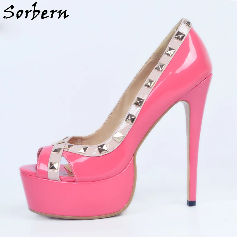 Custom rosy Mujeres Remache Sorbern Slip Service Cuero Plataforma Red Gran Con Fucsia Toe De Alta Tacón Peep En Zapatos Las 8UqwFa1x