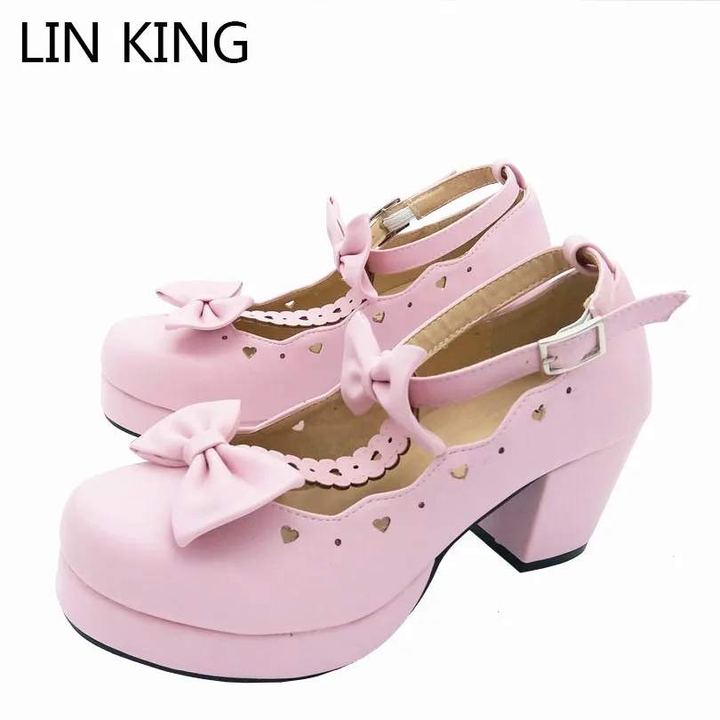 

Sexy Lolita Shoes Pink Cosplay Bowtie Ankle Straps Low Top Square Heels Pumps Solid Soft Leather Kawaii Princess Party Shoes
