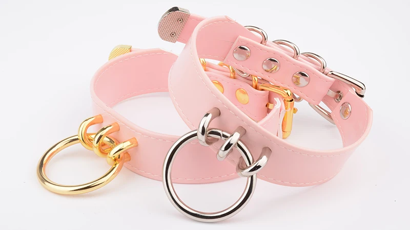 Classic Punk Gothic Pink Leather Necklace Punk 90s Silver Gold O Round Collar Women Girl Wholesale Handmade Kawaii Lolita Choker 9