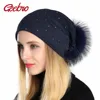 Geebro Women's Rhinestones Slouchy Beanie Hat with Pompom Hat for Women Plain Color Beanies Hats Female Raccoon Fur Pompon Skull 1