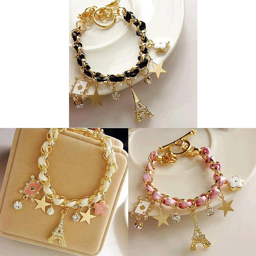 

Fashion Tower Stars Flowers Leather Strap Crystal Bracelet Weave Star Bangle Anklets For Party For Women