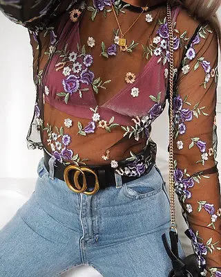 

Fashion Women's Summer Sexy Sheer Flower Long Sleeve Shirt Blouse Tops See-through Mesh Tops Embroidery