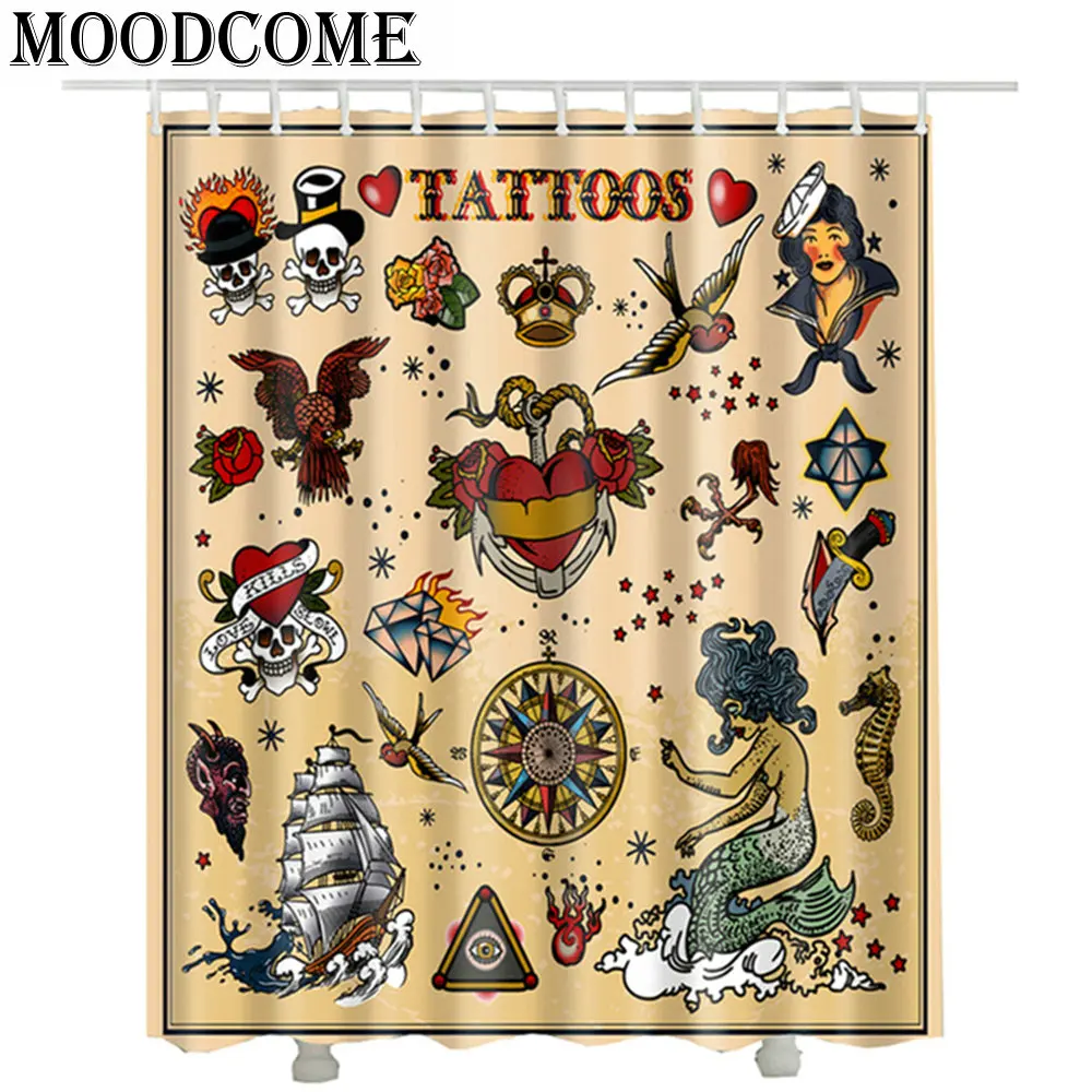 

3d Tattoo Shower Curtain Mermaid sailboat skull printed waterproof bathroom curtains polyester
