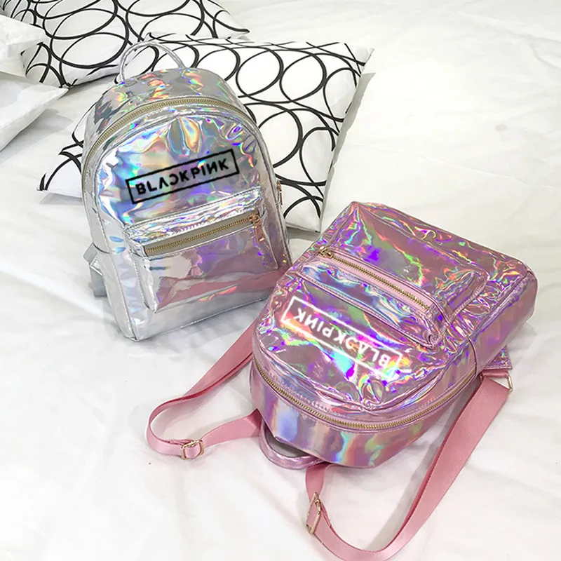 Корея Kpop BTS рюкзак для девочек-подростков школьные сумки лазерной женский рюкзак кожа Колледж bagpack: Серебряный, розовый