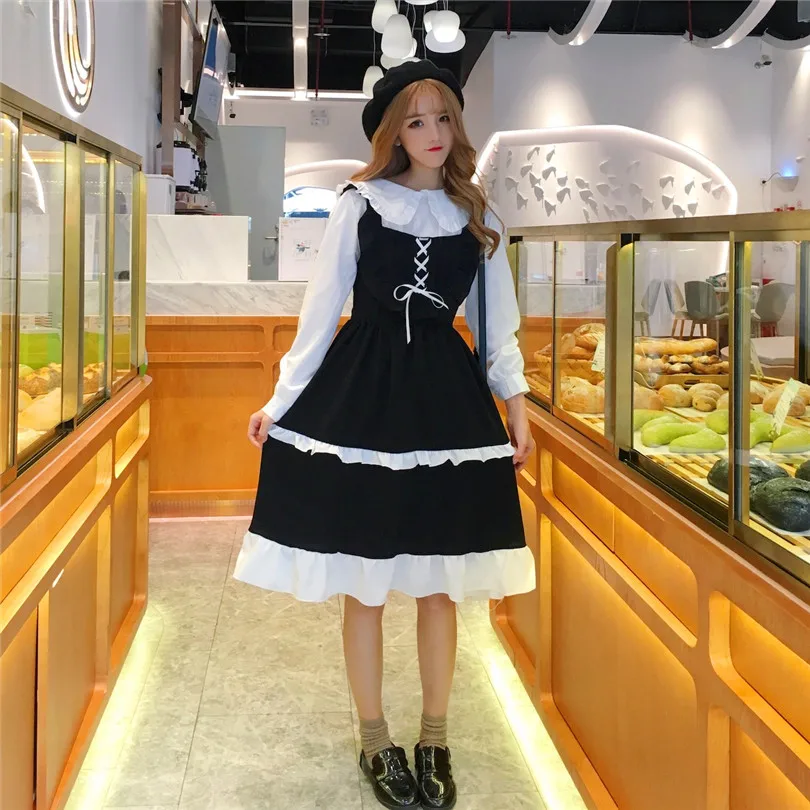 

New Japanese Women Lolita Style Princess Sundress Black Red Bandage Bow Sleeveless Dress Layered Ruffles Cute Kawaii Party Dress