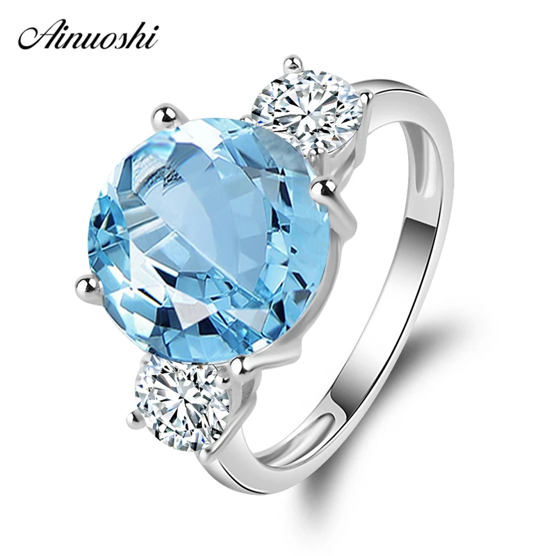 

AINUOSHI 3 Stones Ring 925 Silver Natural Blue Topaz Round Ring 5 Carat Round Cut Gemstone Women Engagement Wedding Band Jewelry