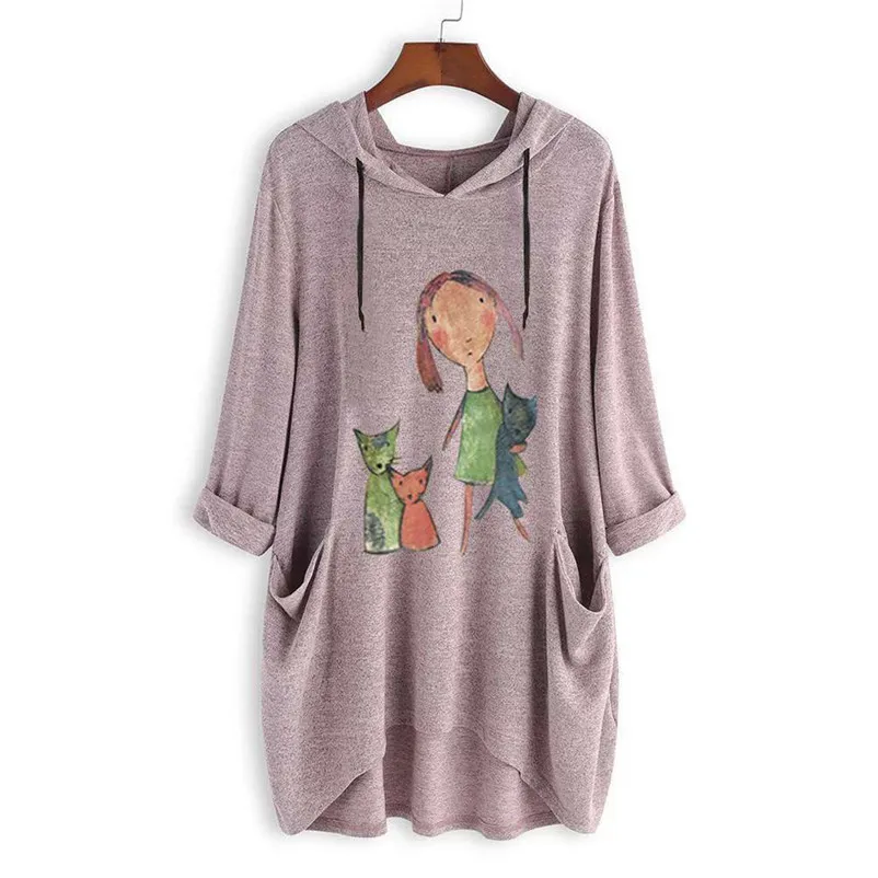 Plus Size New Design Women Casual Cartoon Print Long Sleeves Side Pocket Hooded Irregular Top Thin Hoodies For Women 35DE27 (1)