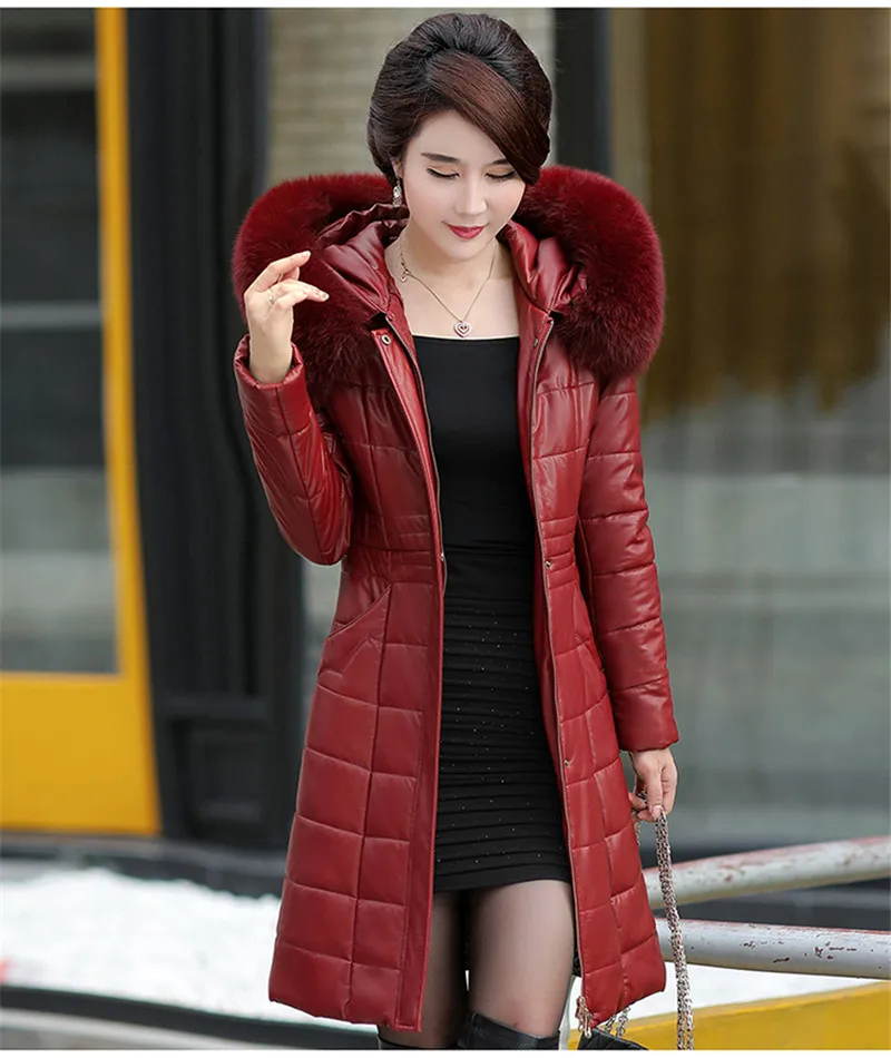 Большие размеры, L-8XL, зимние парки для женщин,, натуральная кожа, пальто, пуховик, хлопок, куртка для женщин, Утолщенные, Теплые Топы, пальто большого размера - Цвет: Red wine