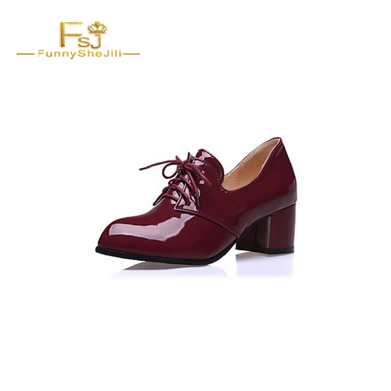 

Burgundy Patent Leather Oxford Heels Lace up Block Heel Vintage Shoes Spring Autumn Women Shoes Generous Fashion Elegant FSJ