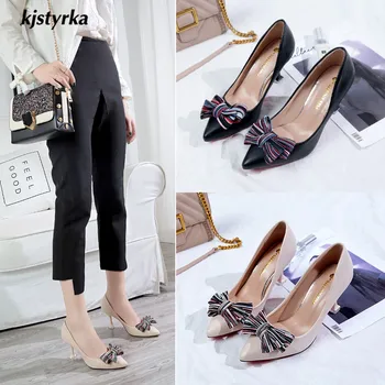 

kjstyrka 2018 brand designer striped bowknot pointed toe women shallow red bottom 7cm high heels Non-Sliping zapatos mujer