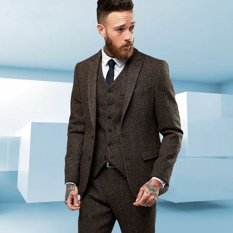На заказ, твидовый шерстяной Коричневый мужской костюм в елочку, британский стиль, современный Блейзер, 3 предмета, облегающий мужской костюм s(пиджак+ брюки+ жилет