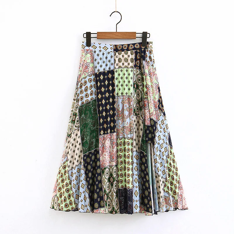 Women skirts Summer 2019 Printed Skirt Faldas mujer moda 2019 Plus size Pleated Color block Womens skirt  Long skirts for women
