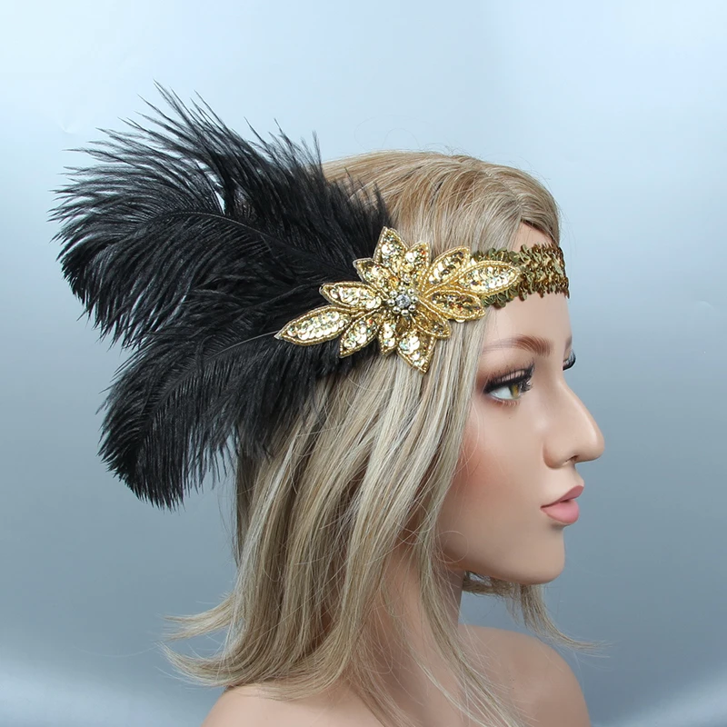 Купить золотая повязка на голову с черными перьями для девочек свадебная