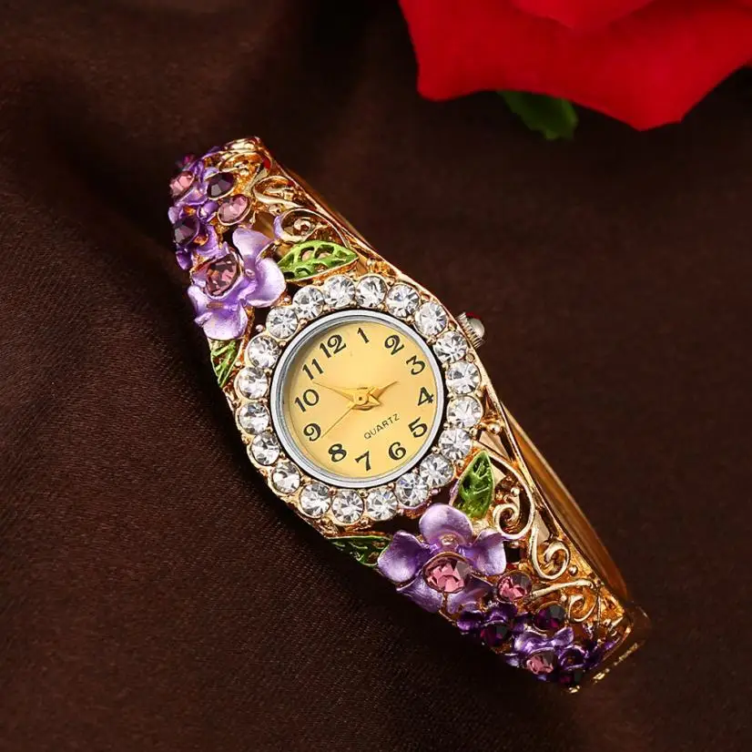 

Creative Luxury Elegant Bangle Watch Women Crystal Flower Strap Rhinestone Dial Side Bracelet Quartz Watches Female Dress party