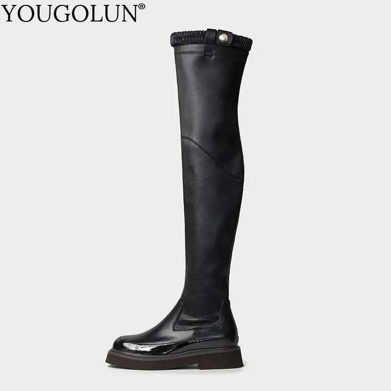 

YOUGOLUN Genuine Leather Thigh High Boots Winter Ladies Round toe Over Knee High Boots Black Brown Woman Low Heel Shoes #B247