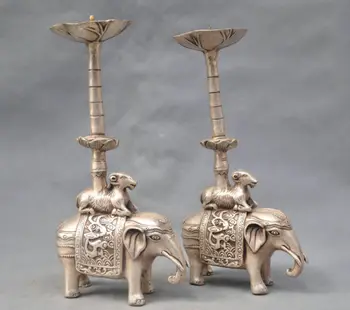 

10'' China Silver Bronze pair elephant candle stick Bronze Statue