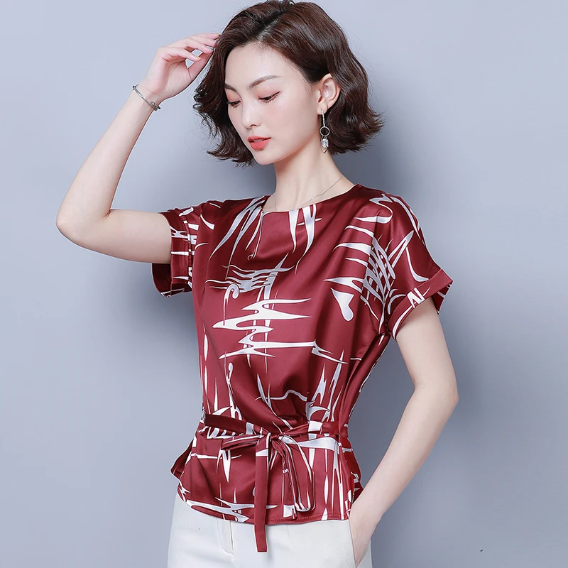 

Summer women short sleeve print satin blouses lady plus size 4XL silk shirts female monther's plus size short sleeve print tops