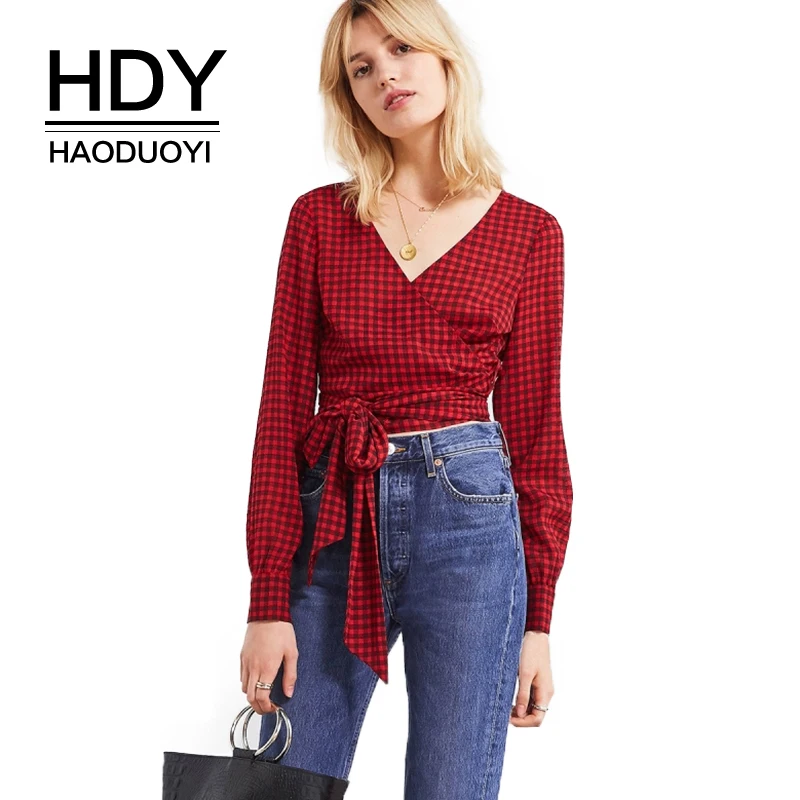 HDY Haoduoyi бренд 2017 для женщин красный плед повседневное рубашка с поясом талии UO Обрезанные зонтик обёрточная бумага Блузка ПР Леди элегантны