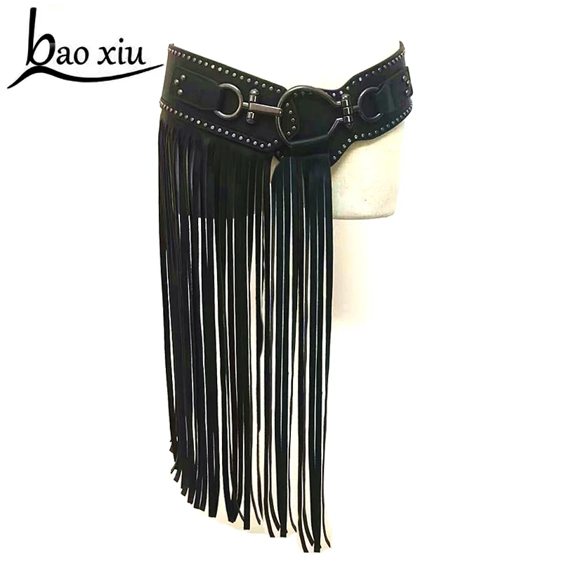 Fashion personality long tassel female belt rivet black leather wide
