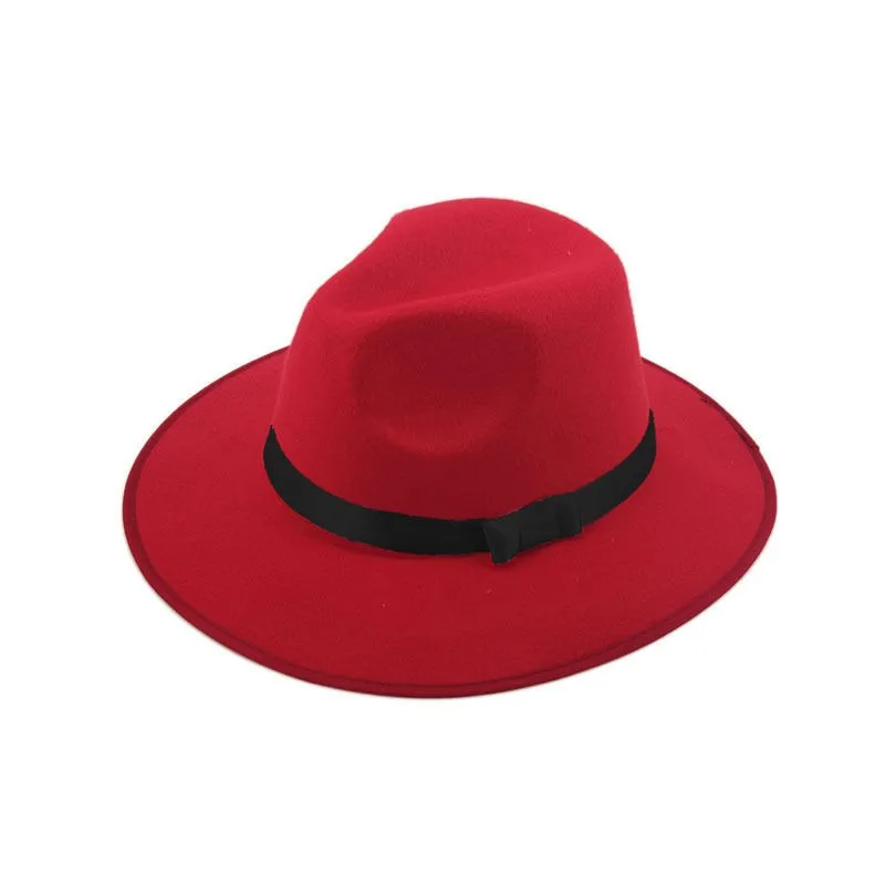 Модные Винтаж Для женщин шляпа с широкими полями ленты теплая шерсть Смеси фетровая шляпа котелок Fedora Кепки